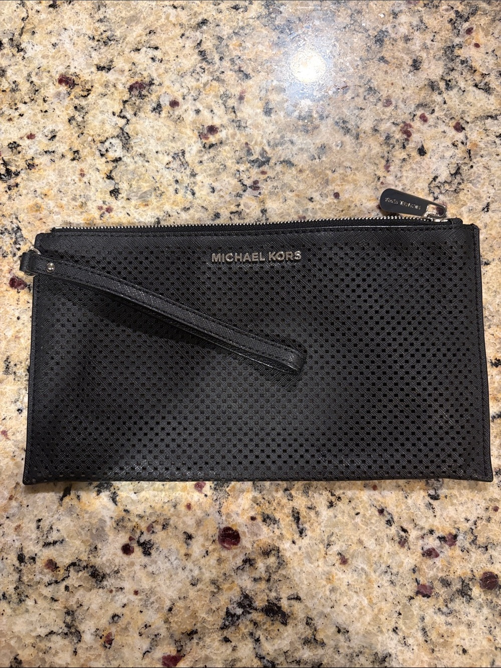 Michael Kors Black Perforated Leather Wristlet Clutch with Gold Logo